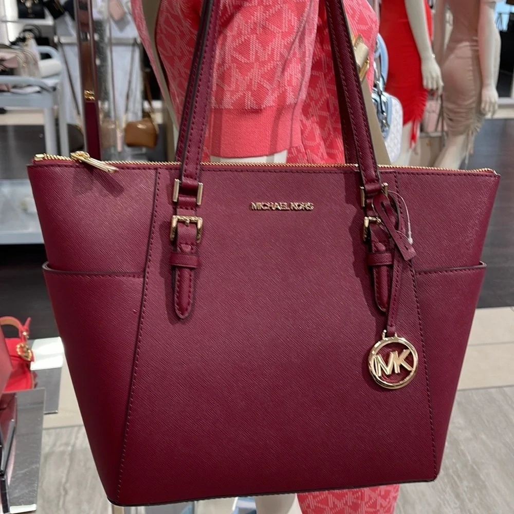 MICHAEL KORS Charlotte Large Leather Top-Zip Tote Dark Cherry NWT